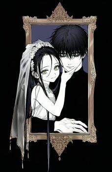 1boy 1girl black_coat black_dress black_hair black_shirt child coat dress figure_skating figure_skating_dress gold_medal hashtag-only_commentary kamisaki_hikaru medalist_(manga) shirt skating_rink smile whitia100 windbreaker yellow_eyes yodaka_jun