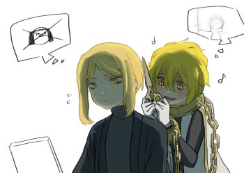 Rule 34 | 1boy, 1girl, black haori, black necktie, black shirt, black sleeves, blonde hair, blush, cape, chain, clenched hands, closed mouth, collar, commentary request, cuffs, don quixote (project moon), eyelashes, fee llament, gold chain, gold collar, gold trim, hair between eyes, haori, highres, holding, holding scissors, index (identity) (project moon), japanese clothes, korean commentary, limbus company, long sleeves, looking at mirror, looking at object, mirror, musical note, necktie, open mouth, parted bangs, pinky (identity) (project moon), project moon, scissors, shackles, shirt, short hair, sidelocks, sinclair (project moon), slit pupils, spoken character, tareme, tsurime, turtleneck, turtleneck shirt, white background, white cape, yellow eyes