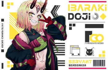 1girl b.d barcode bare_shoulders black_jacket black_shirt blonde_hair character_name colored_skin commentary_request copyright_name crop_top earrings facial_mark fangs fate/grand_order fate_(series) fingernails flat_chest forehead_mark green_eyes green_nails green_shirt grin hand_up highres horns ibaraki_douji_(fate) jacket jewelry lollipop_in_mouth long_fingernails looking_at_viewer multicolored_eyes multicolored_hair multicolored_skin nail_polish navel necklace one_side_up oni open_clothes open_jacket parted_bangs pointy_ears puffy_sleeves red_skin red_streaks shirt short_hair sleeveless sleeveless_shirt smile solo stomach stomach_tattoo streaked_hair tattoo turtleneck turtleneck_shirt two-tone_eyes two-tone_hair two-tone_skin upper_body w yellow_eyes