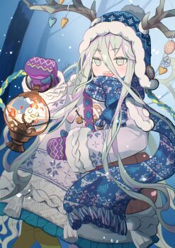 Rule 34 | 1girl, antler ornament, antlers, bare tree, beanie, bell, bird, blue hat, blue scarf, commentary request, cropped legs, dress, dutch angle, earflap beanie, fate/grand order, fate (series), green eyes, green hair, hair between eyes, hat, holding lamp, horns, jingle bell, long hair, louhi (fate), louhi (second ascension) (fate), mittens, mizuiro123, open mouth, outdoors, pantyhose, pom pom (clothes), pom pom beanie, purple mittens, scarf, sharp teeth, smile, snowing, solo, sweater, sweater dress, teeth, tree, white sweater, yellow pantyhose