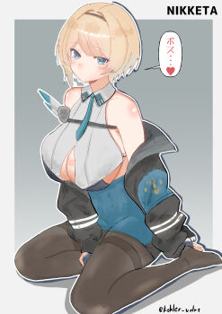 1girl bare_shoulders black_bra black_hairband black_jacket black_pantyhose blonde_hair blue_eyes blue_necktie blue_skirt blush bra bra_peek breasts cleavage closed_mouth collarbone collared_shirt commentary_request crop_top full_body girls&#039;_frontline girls&#039;_frontline_2:_exilium gloves hair_between_eyes hair_intakes hair_ornament hairband high-waist_skirt highres jacket large_breasts looking_at_viewer necktie nikketa_(girls&#039;_frontline_2) off_shoulder pantyhose partially_fingerless_gloves shadow shirt short_hair sidelocks sitting skirt sleeveless sleeveless_shirt solo tesura_(teslamk2) thighband_pantyhose translation_request underwear vsk-94_(girls&#039;_frontline) white_shirt yokozuwari