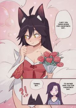Rule 34 | 2girls, absurdres, ahri (league of legends), animal ears, banana (bananapie), black hair, bouquet, closed mouth, commentary, dress, facial mark, flower, fox ears, fox girl, fox tail, heart, highres, holding, holding bouquet, kai'sa, kitsune, kyuubi, league of legends, long hair, multiple girls, multiple tails, purple eyes, purple hair, red dress, smile, tail, untranslatable commentary, valentine, whisker markings, yellow eyes, yuri