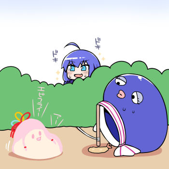 2girls ahoge bait blob blue_eyes blue_hair booby_trap fang food hat kotonoha_akane multiple_girls otomachi_una rantana_(lalalalackluster) seyanaa shrimp shrimp_tempura skin_fang talkex tempura translated unworn_hat unworn_headwear voiceroid