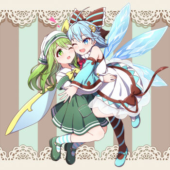 Rule 34 | 2girls, alternate costume, aqua bow, aqua dress, aqua shoes, aqua socks, blue eyes, blue hair, blush, bow, bowtie, brown bow, brown dress, cirno, collared shirt, commentary request, daiyousei, detached sleeves, detached wings, dress, fairy, fairy wings, frilled bow, frills, green dress, green eyes, green hair, green shoes, hair bow, hair ornament, headscarf, hiro (pqtks113), hug, ice, ice wings, leg up, long sleeves, mary janes, multicolored dress, multiple girls, one eye closed, open mouth, pinafore dress, pocket, shirt, shoes, sleeveless, sleeveless dress, smile, socks, strap slip, striped clothes, striped socks, touhou, touhou gensou eclipse, two-tone bow, white dress, white headscarf, white shirt, white socks, wings, yellow bow, yellow bowtie