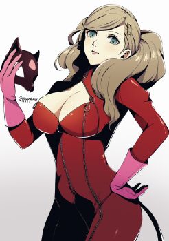 1girl blonde_hair blue_eyes bodysuit breasts cat_mask cat_tail cleavage closed_mouth commentary_request cowboy_shot gloves hair_ornament hairclip hand_on_own_hip highres holding holding_mask large_breasts long_hair looking_at_viewer mask persona persona_5 pink_gloves pink_lips pppppknw red_bodysuit simple_background skin_tight smile solo tail takamaki_anne twintails white_background