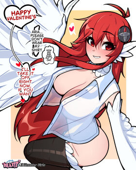 1girl ahoge animal_ears artist_name bird_ears bird_legs blush bottomless breasts commentary english_commentary english_text feathered_wings feathers hair_between_eyes harpy heart highres large_breasts long_hair looking_at_viewer monster_girl neck_feathers onigiriarts open_clothes open_shirt original parted_lips red_eyes red_hair revealing_clothes semi-transparent shirt sidelocks smile solo speech_bubble spoken_heart unbuttoned unbuttoned_shirt white_feathers white_shirt white_wings winged_arms wings