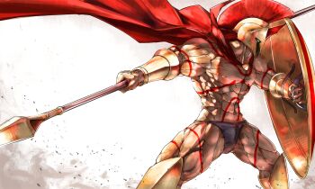 1boy abs armored_boots boots bracer cape commentary_request fate/grand_order fate_(series) helmet highres legs_apart leonidas_(fate) male_focus manly muscular muscular_male navel polearm profile red_cape revision shield solo spear tattoo ub1mo weapon white_eyes