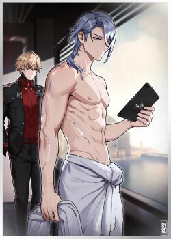 2boys absurdres black_jacket black_pants blonde_hair blue_hair closed_mouth cyberpunk_(series) cyberpunk_2077 genshin_impact highres holding holding_tablet_pc holding_towel jacket kamisato_ayato long_hair long_sleeves male_focus moonimu_art multiple_boys navel nipples pants purple_eyes red_shirt shirt short_hair stomach tablet_pc thoma_(genshin_impact) topless_male towel towel_around_waist