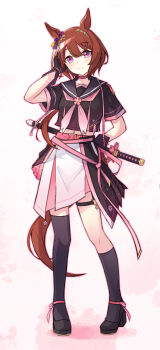 1girl absurdres adjusting_hair animal_ears asymmetrical_legwear belt belt_buckle black_gloves black_shirt black_shoes black_skirt black_socks black_thighhighs blush brown_hair buckle choker closed_mouth dress flower full_body gloves gradient_background high_heels highres horse_ears horse_girl horse_tail kneehighs layered_skirt looking_at_viewer midriff navel neckerchief o-ring pink_choker pink_flower pink_neckerchief purple_eyes sailor_dress sakura_laurel_(umamusume) sarasuty sheath sheathed shirt shoes short_hair short_sleeves single_kneehigh single_sock single_thighhigh skirt smile socks solo standing sword tail thigh_strap thighhighs umamusume weapon white_background white_skirt