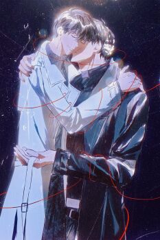 2boys 8d2suga9 arm_around_neck black_coat black_hair black_shirt closed_eyes coat collared_shirt feet_out_of_frame hashtag-only_commentary highres hug kim_dokja kiss large_hands lens_flare multiple_boys omniscient_reader's_viewpoint open_clothes open_coat popped_collar puppet_strings shirt short_hair sky smile space star_(sky) starry_sky string string_of_fate white_coat yaoi yoo_joonghyuk
