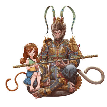 Rule 34 | 1boy, 1girl, :d, absurdres, armor, barefoot, black myth: wukong, brown hair, chinese armor, chinese commentary, circlet, closed mouth, commentary request, crossover, dress, eyebrows hidden by hair, eyelashes, eyes visible through hair, fingernails, full body, hair rings, happy, highres, holding, hyt, indian style, journey to the west, looking at object, low twintails, monkey boy, monkey girl, monkey tail, multicolored dress, nose, open mouth, ruyi jingu bang, simple background, sitting, smile, son biten, sun wukong, swept bangs, tail, teeth, toenails, tongue, touhou, twintails, veins, wavy mouth, white background