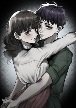 1boy 1girl absurdres black_hair brown_eyes brown_hair closed_mouth commentary_request face_piercing fear_&amp;_hunger_(series) fear_&amp;_hunger_2:_termina frilled_shirt_collar frills green_jumpsuit highres hug jumpsuit levi_(fear_&amp;_hunger) long_hair long_sleeves looking_at_viewer marina_(fear_&amp;_hunger) mouth_piercing piercing pink_skirt shirt shirt_tucked_in short_hair short_sleeves sinnia skirt spanish_commentary track_marks upper_body white_shirt