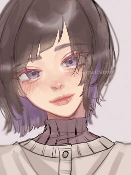 1girl aegyo_sal artist_self-insert blush brown_hair cardigan closed_mouth colored_inner_hair commentary grey_background highres looking_at_viewer multicolored_hair original portrait purple_eyes purple_hair short_hair simple_background solo sweater turtleneck turtleneck_sweater twitter_username two-tone_hair upper_body yurosuke