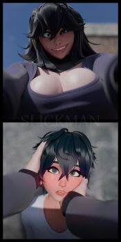 1boy 1girl 3d black_hair breasts cleavage hex_maniac_(pokemon) hex_maniac_(pokemon_xy) huge_breasts nintendo pokemon pokemon_x_and_y shota slick_(artist) tagme