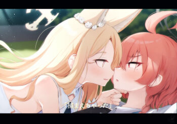 absurdres ahoge animal_ear_fluff animal_ears bare_shoulders blonde_hair blue_archive blurry blurry_background blush braid commentary_request depth_of_field dress eye_contact fox_ears grabbing_another&#039;s_chin hair_between_eyes halo hand_on_another&#039;s_chin highres letterboxed long_hair looking_at_another mole mole_under_eye nakatokung neru_(blue_archive) parted_lips pink_eyes profile red_eyes red_hair seia_(blue_archive) sleeveless sleeveless_dress thick_eyebrows translation_request white_dress yuri