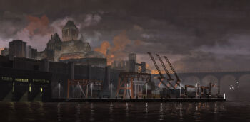 absurdres bird bridge building city cloud dock grey_sky highres lamppost night no_humans noasa original outdoors reflection scaffolding scenery seagull sky skyscraper warehouse water