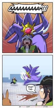 ! !! 1boy 1girl 2others absurdres brown_hair coffee_mug cup eevee english_text full_body gen_1_pokemon harmony_(pokemon) highres looking_at_another mega_pokemon mega_starmie motion_lines mug multiple_others nintendo paxton_(pokemon) pokemon pokemon_(creature) pokemon_legends:_z-a road running ryuuxin simple_background star_(symbol) starmie street surprised