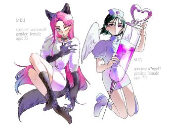 2girls absurdres alien_stage angel angel_wings animal_ears black_boots black_choker black_hair blue_hair bob_cut boots bow choker claws commentary dress fur_shirt hashtag-only_commentary hat highres large_syringe long_hair milkbedtime mizi_(alien_stage) multicolored_hair multiple_girls nurse nurse_cap oversized_object pencil_dress pink_hair puffy_short_sleeves puffy_sleeves shirt short_hair short_sleeves sitting skirt sua_(alien_stage) syringe tail two-tone_hair very_long_hair white_boots white_dress white_shirt white_skirt white_wings wings wolf_ears wolf_girl wolf_tail yellow_eyes