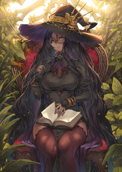 1girl absurdres black_dress black_hair book bracelet breasts chair commentary_request dress glasses hagure_keg hat highres holding holding_wand jewelry juliet_sleeves large_breasts leaf lizard long_hair long_sleeves looking_at_viewer open_book original parted_lips puffy_sleeves round_eyewear sitting solo thighhighs very_long_hair wand witch witch_hat yellow_eyes