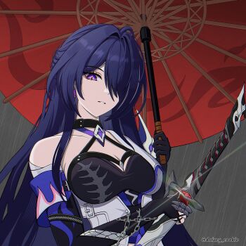 1girl absurdres acheron_(honkai:_star_rail) ahoge bandages breasts buckle chain chain_around_arm choker cleavage commentary crop_top daizey_cookie earrings english_commentary flame_print gloves hair_over_one_eye highres holding holding_sword holding_weapon honkai:_star_rail honkai_(series) jacket jewelry large_breasts oil-paper_umbrella open_clothes open_jacket parted_lips purple_eyes purple_hair rain single_bare_shoulder single_earring strap sword umbrella weapon white_streaks