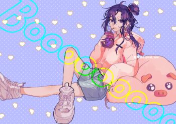 Rule 34 | 1boy, ahoge, alcohol, alternate costume, alternate hairstyle, amana raika, animal-shaped pillow, black hair, blue shorts, commentary request, contemporary, cup, denim, denim shorts, drink, drinking, drinking straw, drinking straw in mouth, english text, full body, grey shorts, hair between eyes, hair bun, heart, heart background, holding, holding drink, holding jug, hood, hood down, hooded sweater, jug (bottle), knee up, liquor, long hair, long sleeves, looking at viewer, male focus, modao zushi, parted bangs, parted lips, pink sweater, polka dot, polka dot background, ponytail, purple eyes, shoes, shorts, sidelocks, single hair bun, sitting, sleeves past wrists, smile, sneakers, solo, stuffed animal, stuffed pig, stuffed toy, sweater, wei wuxian, white shoes