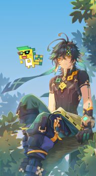 1boy absurdres ajaw_(genshin_impact) antenna_hair arm_tattoo black_gloves black_hair black_shirt blue_pants boots chinese_commentary closed_mouth commentary_request crossed_bangs day earrings genshin_impact gloves green_eyes green_gloves green_hair green_headband green_pants hair_between_eyes headband highres in_tree jewelry kinich_(genshin_impact) liu_(erzplubdduik93g) looking_at_viewer male_focus multicolored_gloves multicolored_hair multicolored_pants neck_tattoo outdoors pants shirt short_hair short_sleeves sitting sitting_in_tree streaked_hair tattoo tree zipper