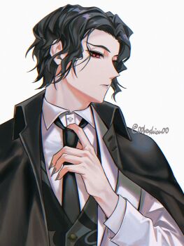 00kashian00 1boy adjusting_clothes adjusting_necktie balcony black_necktie coat coat_on_shoulders commentary_request fingernails frown grey_nails highres kibutsuji_muzan kimetsu_no_yaiba male_focus necktie profile red_eyes sharp_fingernails slit_pupils solo twitter_username upper_body