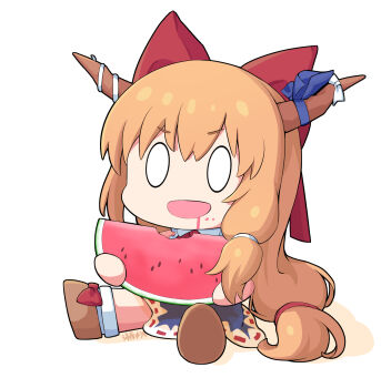 Rule 34 | 0 0, 1girl, blue skirt, bow, brown shoes, chibi, chibi only, chinese commentary, commentary request, eating, food, fruit, full body, haihara yuuya, highres, holding, holding food, horns, ibuki suika, open mouth, orange hair, red bow, shoes, signature, sitting, skirt, smile, solo, touhou, watermelon