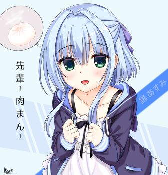 Rule 34 | 1girl, :d, absurdres, black bow, black jacket, blue background, blunt bangs, blush, bow, character name, chinese commentary, clenched hands, collarbone, commentary, cowboy shot, dress, dress bow, eyes visible through hair, food, frilled dress, frills, green eyes, hair between eyes, hair intakes, hair ribbon, half updo, hamidashi creative, hands up, highres, hood, hood down, hooded jacket, jacket, looking at viewer, medium hair, nishiki asumi, open clothes, open jacket, open mouth, purple ribbon, ribbon, sidelocks, signature, simple background, sleeveless, sleeveless dress, sleeves past wrists, smile, solo, speech bubble, spoken food, steamed bun, straight hair, thought bubble, translation request, user kges2285, white dress