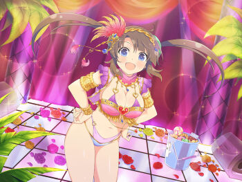 1girl arabian_clothes artist_request blue_eyes breasts brown_hair bucket candy fang feather_hair_ornament flower food gold hair_ornament hands_on_own_hips heart_o-ring large_breasts light_blush lollipop marvelous minori_(senran_kagura) official_art open_mouth palm_tree petals rose rose_petals senran_kagura smile spiral_lollipop tree twintails