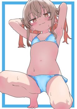 1girl :3 absurdres armpits arms_up b_j_blazkowicz barefoot bikini blonde_hair blue_bikini blue_border blush border brown_eyes commentary dot_nose flat_chest from_below half-closed_eyes highres kneeling loli looking_at_viewer navel onii-chan_wa_oshimai! oyama_mahiro side-tie_bikini_bottom simple_background solo split_mouth sweatdrop swimsuit white_background