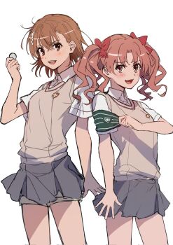 2girls armband brown_eyes brown_hair brown_sweater_vest ci31205 coin grey_skirt highres judgement_armband_(toaru) long_hair misaka_mikoto multiple_girls pleated_skirt school_uniform shirai_kuroko short_hair shorts shorts_under_skirt simple_background skirt smile standing summer_uniform sweater_vest toaru_kagaku_no_railgun toaru_majutsu_no_index tokiwadai_school_uniform twintails wavy_mouth white_background