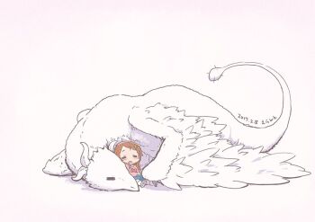 10s 2017 2girls =_= blue_shorts blush brown_hair cuddling dated dragon dragon_girl dragon_horns dragon_tail drooling errant feathered_wings flower hair_flower hair_ornament heart heart_print horns interspecies kanna_kamui kanna_kamui_(dragon)_(maidragon) kobayashi-san_chi_no_maidragon long_hair long_sleeves lying_on_person multiple_girls open_mouth pink_background pink_shirt print_shirt saikawa_riko shadow shirt shoes shorts signature simple_background sleeping socks tail white_legwear wings yuri