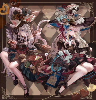 2girls animal_ears blonde_hair blue_eyes cat_ears cat_girl cat_tail commentary_request dress flower hat heterochromia high_heels highres komorihikki long_hair looking_at_viewer multiple_girls original red_eyes sensitive tail white_hair witch_hat