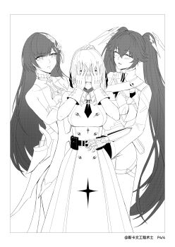 Rule 34 | 3girls, absurdres, blush, breasts, chinese commentary, closed eyes, closed mouth, commentary request, covering face, covering own face, dress, embarrassed, hair ornament, headgear, headpat, highres, large breasts, liv: eclipse (pgr), liv (pgr), long hair, looking at another, lucia: pyroath (pgr), lucia (pgr), multiple girls, open mouth, punishing: gray raven, selena: pianissimo (pgr), selena (pgr), skaven gongcheng shushi, twintails, very long hair