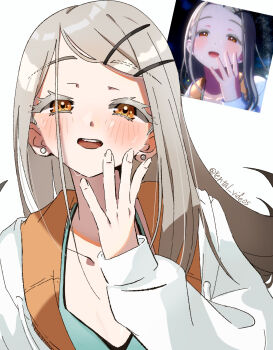 1girl absurdres bikini blonde_hair blush collarbone colored_eyelashes commentary_request derivative_work earrings fingernails flipped_hair gakuen_idolmaster game_screenshot_inset gradient_hair green_bikini grey_hair hair_ornament hairclip hand_to_own_mouth hand_up highres hood hood_down hooded_jacket idolmaster jacket jewelry kimi_to_semi_blue_(idolmaster) long_hair long_sleeves looking_at_viewer multicolored_hair open_mouth orange_eyes parallel_hairclips parted_bangs screenshot_inset screenshot_redraw shinosawa_hiro simple_background solo stud_earrings swimsuit toutoutou twitter_username two-sided_fabric two-sided_jacket upper_body white_background white_jacket