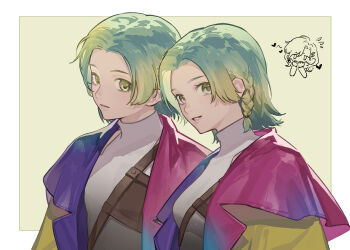 Rule 34 | 1girl, 2others, blonde hair, blush, border, braid, breasts, commentary request, covering own mouth, dual persona, flying sweatdrops, genderswap, genderswap (otf), gnosia, gradient hair, green eyes, grey hair, heart, highres, jacket, lilith-lily, looking at viewer, medium breasts, medium hair, multicolored hair, multicolored jacket, multiple others, outside border, parted lips, setsu (gnosia), sketch inset, turtleneck, white border, yuri (gnosia)