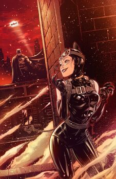 1boy 1girl backpack bag bat_signal batman batman_(series) black_bodysuit black_cape black_gloves blue_eyes bodysuit breasts cape catwoman cityscape dc_comics elbow_gloves gloves goggles goggles_on_head highres looking_at_another medium_breasts outdoors red_sky selina_kyle sergacuna sky