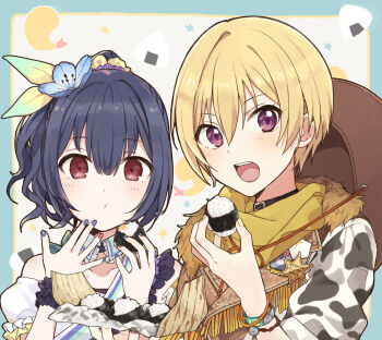 2girls black_hair blonde_hair blue_nails bracelet commentary_request cowboy_hat detached_collar flower food hair_between_eyes hair_flower hair_ornament hat idolmaster idolmaster_shiny_colors jewelry looking_at_viewer miyama_okara morino_rinze multiple_girls onigiri open_mouth ponytail purple_eyes red_eyes saijo_juri scarf sheriff_badge short_hair single_bare_shoulder upper_body yellow_nails yellow_scarf