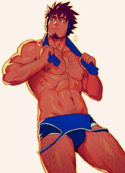 1boy abs bara black_hair clothes_pull dark-skinned_male dark_skin facial_hair headphones highres holding holding_towel large_pectorals male_focus muscular muscular_male navel nipples original pectorals short_hair solo topless_male towel towel_around_neck wrestler wrestling_outfit xelgot
