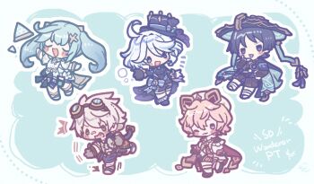 2girls 3boys :3 ^^^ ahoge anklet aqua_background arm_at_side arm_up armlet ascot asymmetrical_gloves bandaid bandaid_on_face bandaid_on_nose bennett_(genshin_impact) black_gloves black_hat black_shoes black_shorts black_sleeves black_vest blue_bow blue_eyes blue_hair blue_jacket blue_shorts blush border bow center-flap_bangs chibi closed_eyes closed_mouth clothing_cutout coattails commentary_request cowlick curly_ends curly_sidelocks dahlia_(genshin_impact) dress eyelashes facing_up fang faruzan_(genshin_impact) frilled_socks frills furina_(genshin_impact) genshin_impact gloves goggles goggles_on_head gold gold_trim green_eyes grey_gloves grey_hair grey_shirt gurumin_(gurruguru) hair_between_eyes hair_ornament hat hat_bow hetero jacket jewelry lapels long_hair long_sleeves looking_at_viewer mini_hat mini_top_hat mismatched_gloves multiple_boys multiple_girls notice_lines one_eye_closed open_clothes open_jacket open_mouth outstretched_arms purple_ascot purple_eyes red_scarf scaramouche_(genshin_impact) scarf shirt shoes short_hair short_sleeves shorts side_cutout sidelocks skirt_cutout socks suit_jacket top_hat tripping twintails vest wanderer_(genshin_impact) white_border white_dress white_gloves white_hat white_shoes white_shorts white_sleeves white_socks white_trim x_hair_ornament