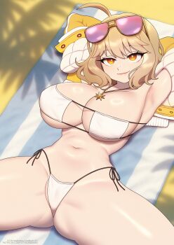 1girl ahoge anis_(nikke) anis_(sparkling_summer)_(nikke) armpits beach bikini breasts brown_hair cameltoe cleavage closed_mouth eyepatch_bikini eyewear_on_head gluteal_fold goddess_of_victory:_nikke highres jacket jewelry large_breasts lips looking_at_viewer lying navel necklace on_back open_clothes open_jacket outdoors sand short_hair smile solo spread_legs stomach strongbana summer swimsuit white_bikini yellow_eyes yellow_jacket