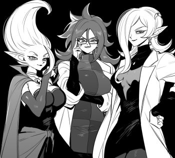3girls adjusting_eyewear android android_21 arm_under_breasts breasts bridal_gauntlets cape checkered_clothes checkered_dress choker cleavage closed_mouth commentary cowboy_shot demon_girl dr._arinsu dragon_ball dragon_ball_daima dragon_ball_fighterz dragon_ball_heroes dress earrings floating_hair glasses greyscale grin hair_between_eyes hair_over_one_eye hands_in_pockets hoop_earrings in-franchise_crossover jewelry lab_coat large_breasts lipstick long_hair looking_down makeup messy_hair monochrome multiple_girls nanika_(nnkgh) pointy_ears scientist single_bang smile strapless strapless_dress symbol-only_commentary towa_(dragon_ball) trait_connection turtleneck turtleneck_dress