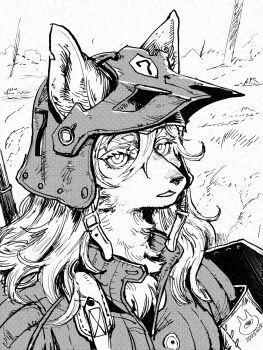 1girl body_fur furry furry_female greyscale helmet highres jacket kyarumin long_hair looking_at_viewer monochrome original outdoors solo upper_body wolf_girl