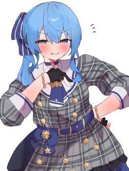 1girl absurdres black_gloves blue_choker blue_eyes blue_hair blush choker closed_mouth commentary_request gloves grey_shirt grey_skirt highres hololive hoshimachi_suisei hoshimachi_suisei_(1st_costume) looking_at_viewer medium_hair partially_fingerless_gloves shirt skirt smile solo tepenchi virtual_youtuber