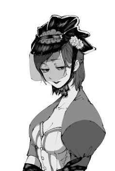 1girl bob_cut breasts bububuki cleavage collarbone corset elbow_gloves expressionless gloves greyscale highres identity_v lipstick looking_to_the_side makeup mole mole_under_eye monochrome parted_lips puffy_sleeves see-through_clothes see-through_veil upper_body veil vera_nair