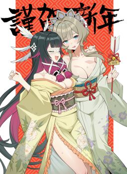 2girls absurdres alternate_costume arrow_(projectile) bare_shoulders black_hair blue_eyes blush breasts brown_hair brown_sash cleavage closed_eyes collarbone columbina_(genshin_impact) commentary_request ema floral_print floral_print_kimono genshin_impact green_kimono green_sash hair_ornament hamaya hand_on_another's_shoulder hand_up highres holding holding_arrow japanese_clothes kimono large_breasts long_hair long_sidelocks medium_breasts multicolored_hair multiple_girls obi open_mouth print_kimono purple_hair sandrone_(genshin_impact) sash sidelocks small_sweatdrop very_long_hair wing_hair_ornament ziko