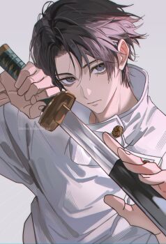 1boy :| artist_name bags_under_eyes black_hair buttons close-up closed_mouth commentary curtained_hair curtains facing_viewer grey_background grey_eyes hand_up harenzero head_tilt high_collar highres holding holding_sword holding_weapon jacket jujutsu_kaisen jujutsu_tech_uniform katana korean_commentary looking_at_viewer looking_to_the_side male_focus okkotsu_yuuta parted_bangs school_uniform shadow sheath sheathed short_hair sidelighting sideways_glance simple_background solo sword twitter_username unsheathing upper_body weapon white_jacket