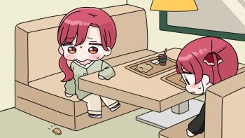 Rule 34 | 2girls, :o, black jacket, black shoes, blush stickers, burger, ceiling light, chibi, couch, cup, disposable cup, drinking straw, dropped food, food, green shirt, hair ribbon, highres, hololive, houshou marine, houshou marine (summer), indoors, jacket, long hair, low ponytail, mochimiko, multiple girls, on couch, pants, parted lips, ponytail, red eyes, red hair, red ribbon, ribbon, shirt, shoes, siblings, sisters, small sweatdrop, sweat, table, tray, twintails, virtual youtuber, white pants, window, yurie mouth