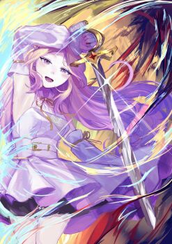 absurdres blonde_hair blue-purple_eyes blue_eyes gakuen_idolmaster highres holding holding_sword holding_weapon idolmaster juo_sena long_hair pink_hair purple_eyes segawa_me_no standing sword tiny_ambition_(idolmaster) weapon wind